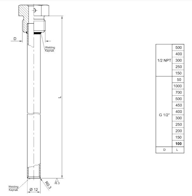 PAKKENS Paslanmaz AISI-316L TERMOVİL, Termovel Kovanı teknik çizimi ve ölçüleri boyutları